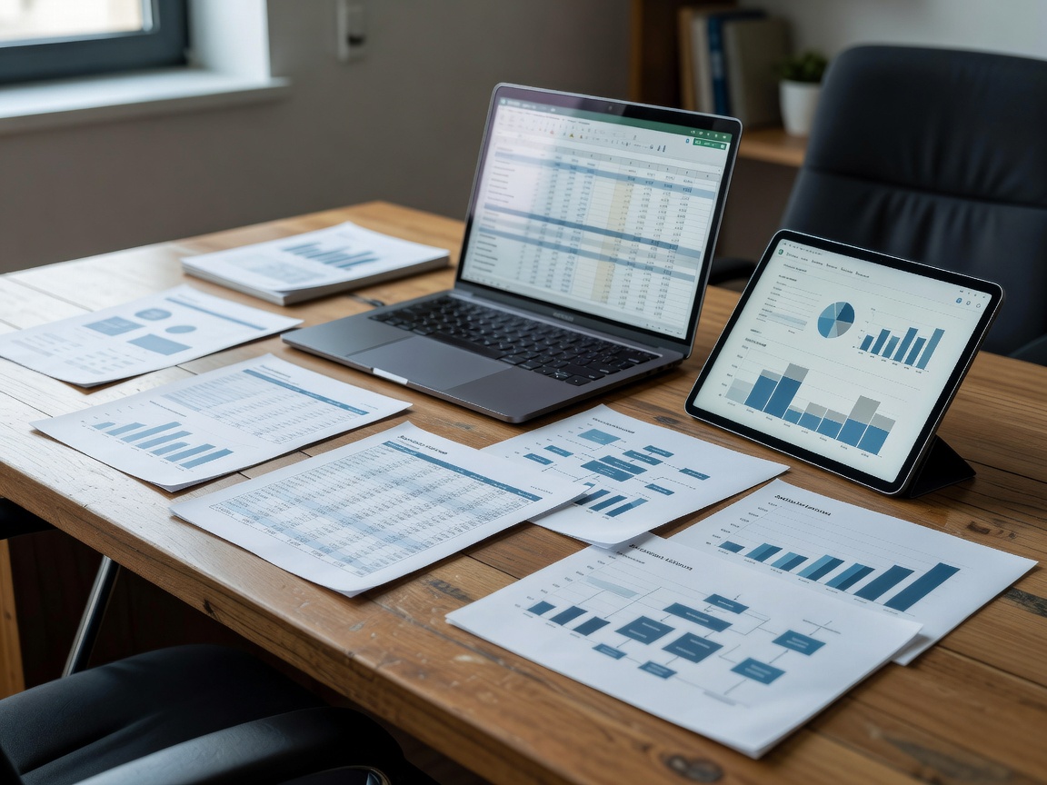 Realistic desk workspace with documents, spreadsheets and structured information