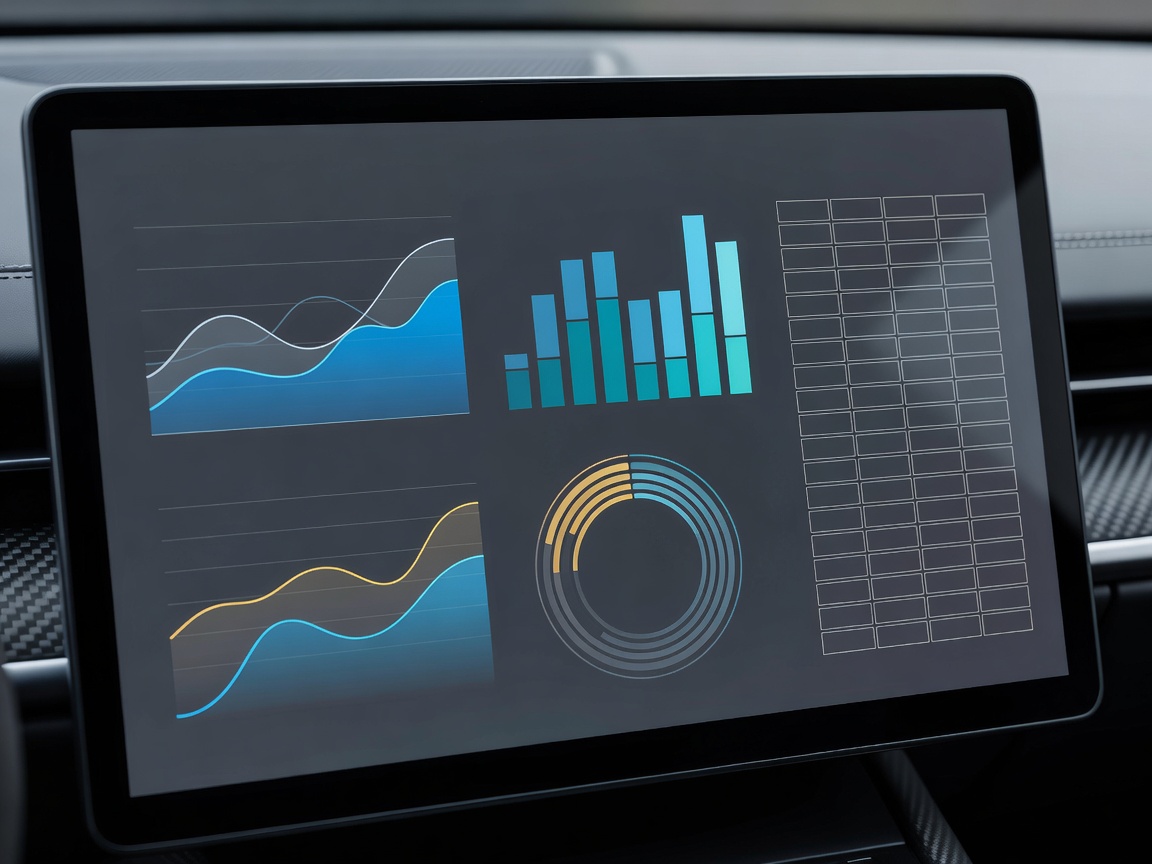 Realistic modern dashboard display showing charts and tables on a screen